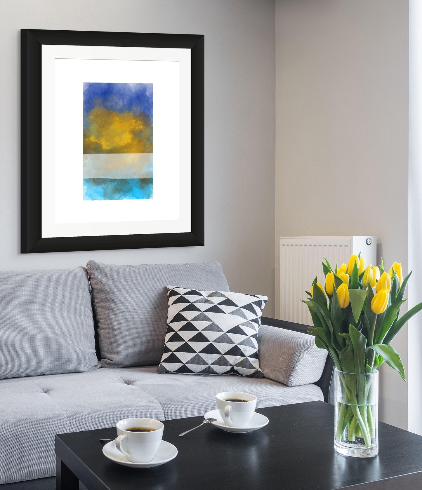Stylish living room featuring an Abstract Art Print, Blue and Gold Wall Art, perfect for home or office decor.
