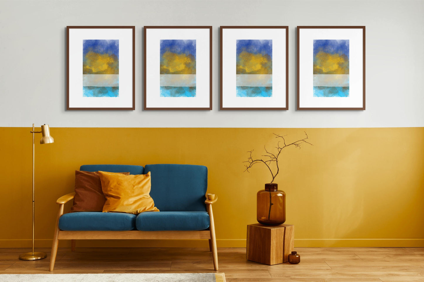 Enhance your space with this Abstract Art Print, Blue and Gold Wall Art, perfect for home and office decor.